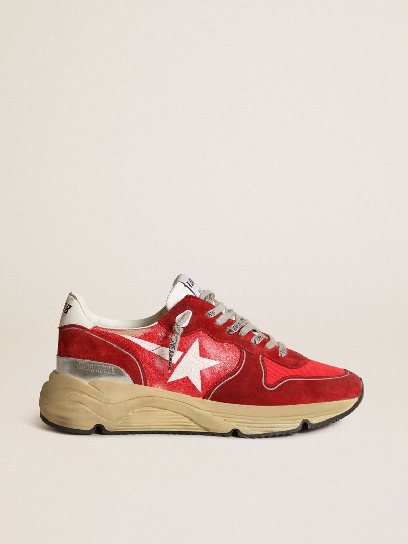 Running Sole sneakers in red crackle leather with red suede inserts and screen-printed white star