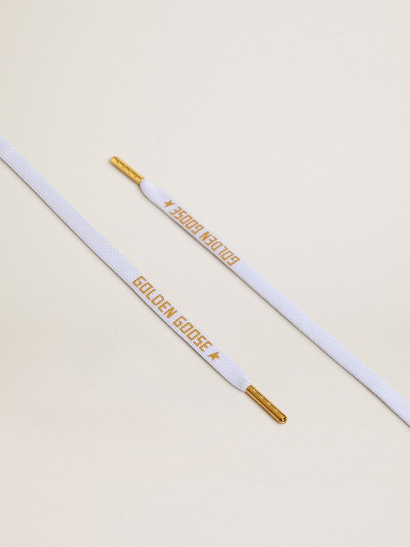 White cotton laces with contrasting gold-colored logo